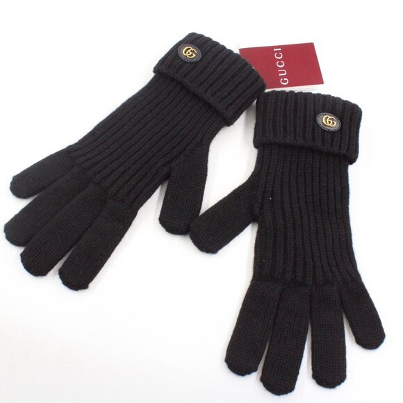 NWT Gucci Wool Cashmere Gloves with Double G Patch in Black/Gold (L) - Picture 1 of 10